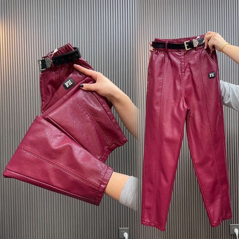 Mode Y2k Lederhose PU Lässig Gerade Hosen Locker Schlankend Übergröße Hohe Taille Haremshose Damen L bordeaux