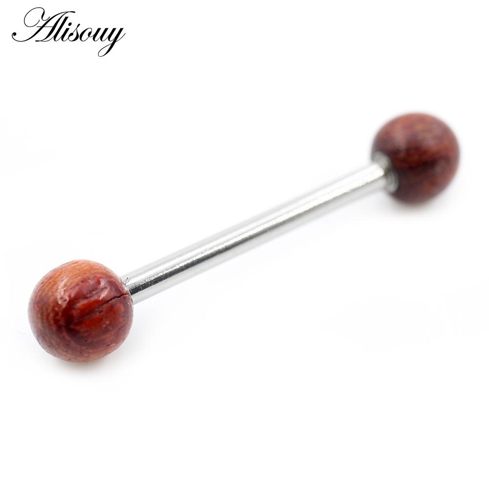 1pc 14G Natürliche Holz Stein CZ Perle Kugel Edelstahl Zunge Barbell Piercing Gewinde Unisex Labret Lippen Ringe bar Körper Schmuck