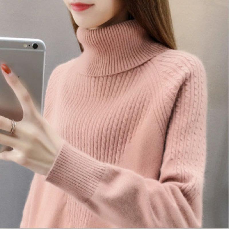 High Neck Pullover Pullover Frauen 2023 Lose Herbst/Winter Frauen Unterlage Langarm Solide Strick Pullover Pullover Weibliche One Size rosa