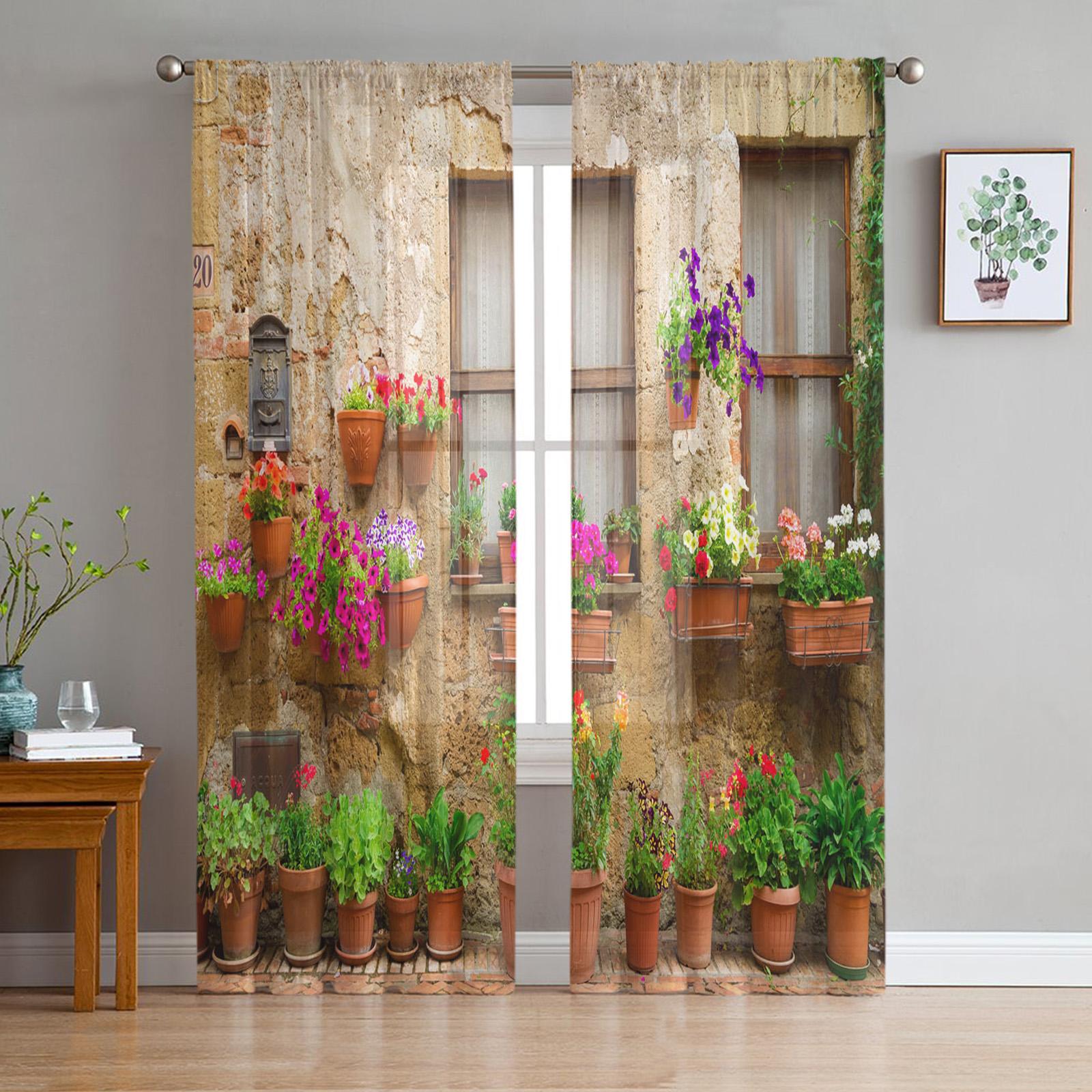 Holzfenster Fliesen Ziegel Blumentopf Tüll Sheer Fenster Vorhänge für Wohnzimmer das Schlafzimmer Moderne Voile Organza Vorhänge Vorhänge W135 x H115cm x1&Grommet Top