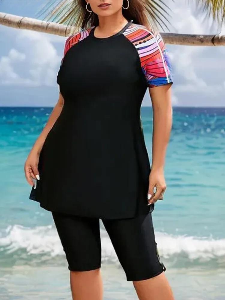 2025 Patchwork 2 Stück Plus Größe Tankini Set Frauen Große Big Muslimischen Badeanzug Hohe Taille Dame Bademode Chubby Curvy Badeanzug 4XL schwarz