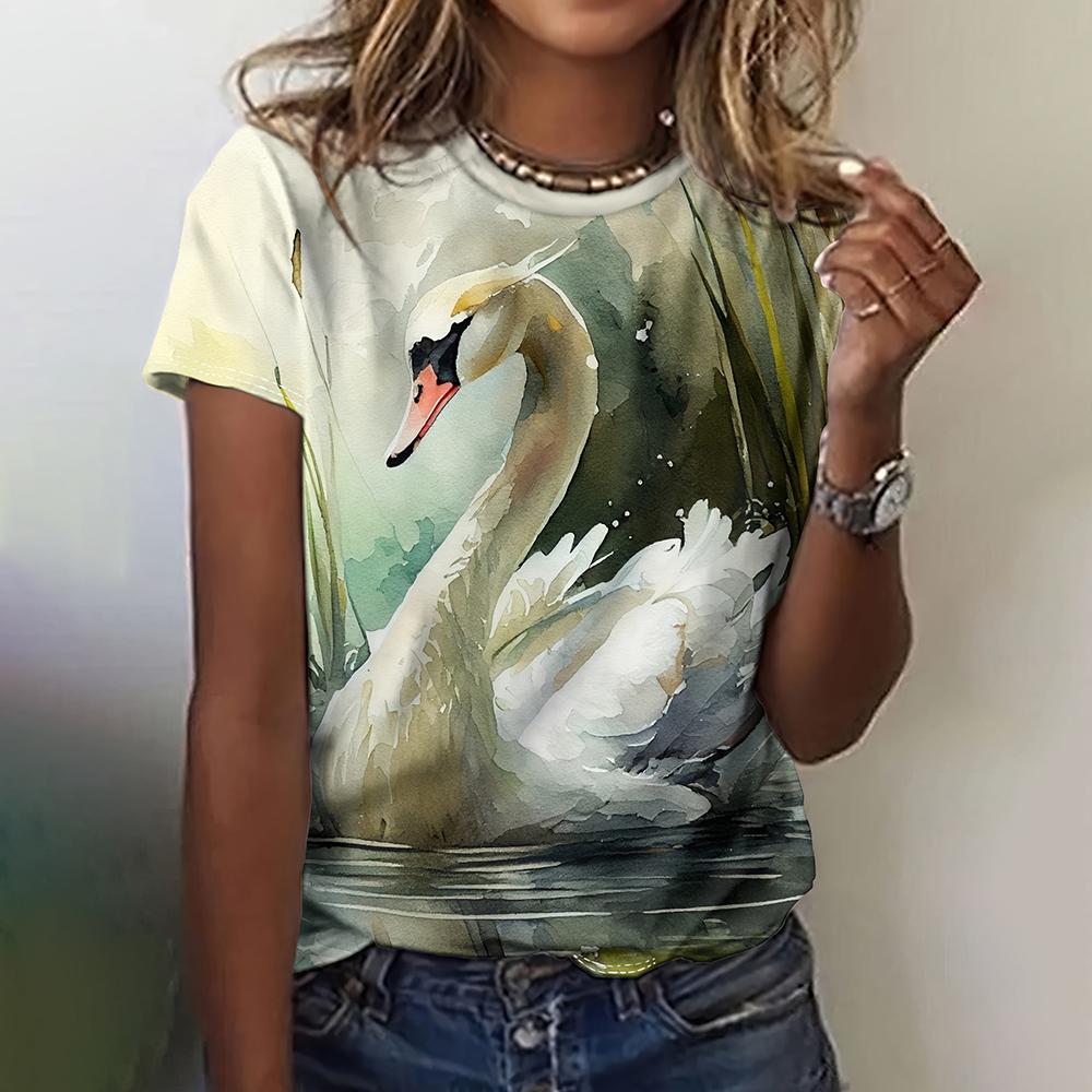 Schwanenprint Damen T-Shirts Mode Lässig Damen Übergröße Kurzarm O-Ausschnitt Damen Harajuku Kleidung 2025 Sommer M