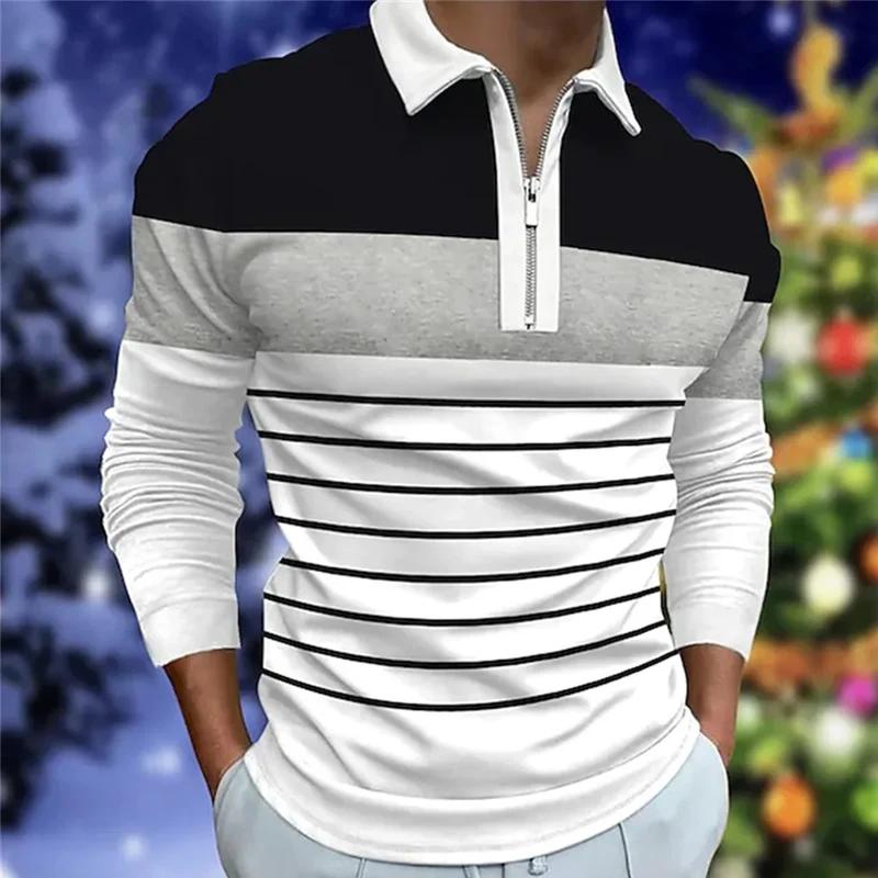 Frühling Herbst Herren Langarmshirts Poloshirt Reißverschluss Poloshirt Herren Casual Poloshirt Mode Streifen Golf Poloshirt L