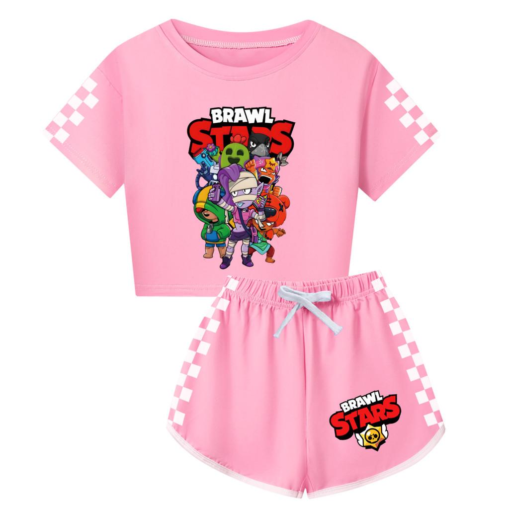 4094 Kinder Mädchen Brawl Stars Aufdruck Kurzarm T-Shirt Shorts Hose Sportkleidung Set 160cm rosa