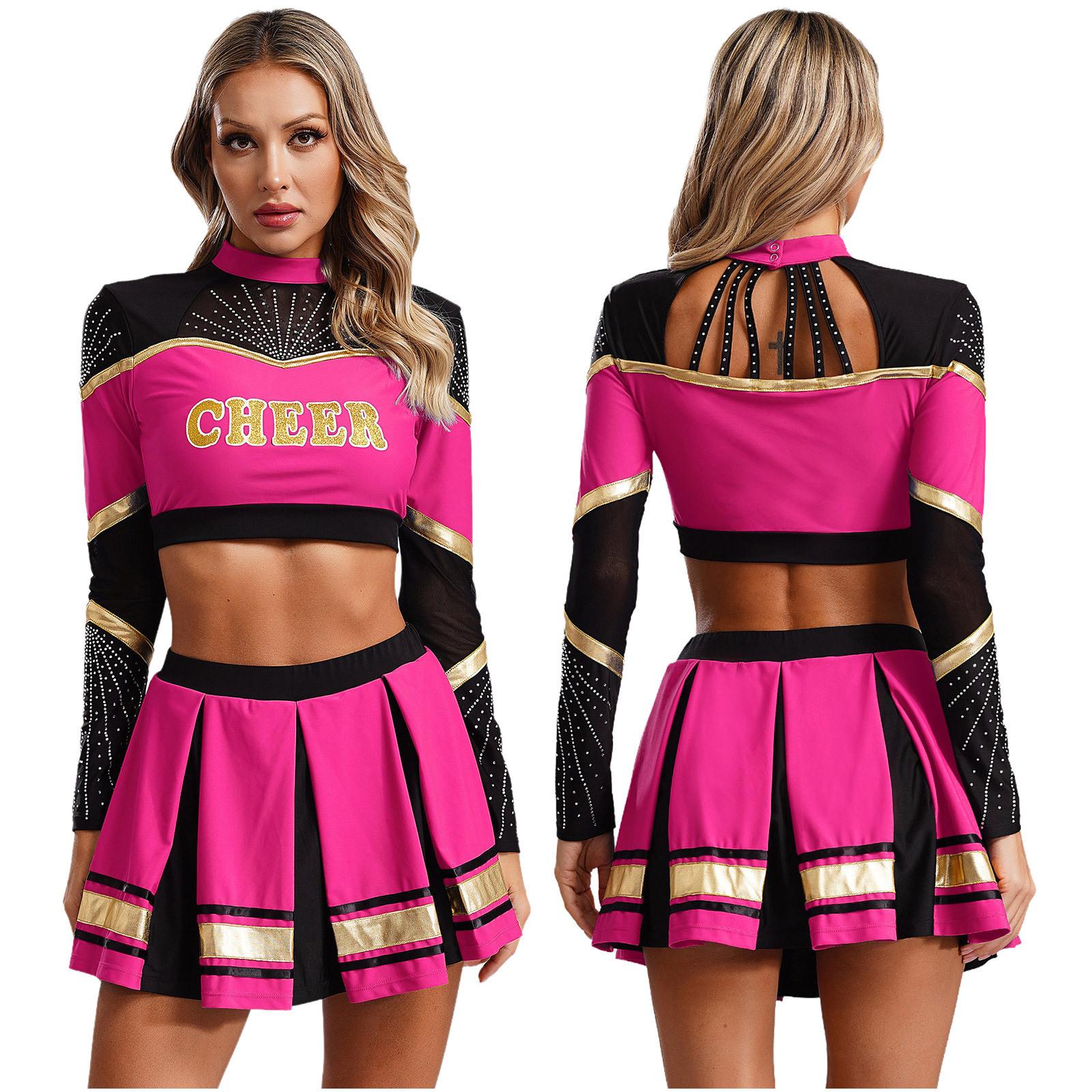 Cheerleader-Kostüme für Damen, Cheerleading-Uniformen, langärmeliges bauchfreies Top, plissierter A-Linien-Minirock, Performance-Tanzkleid S heißes rosa