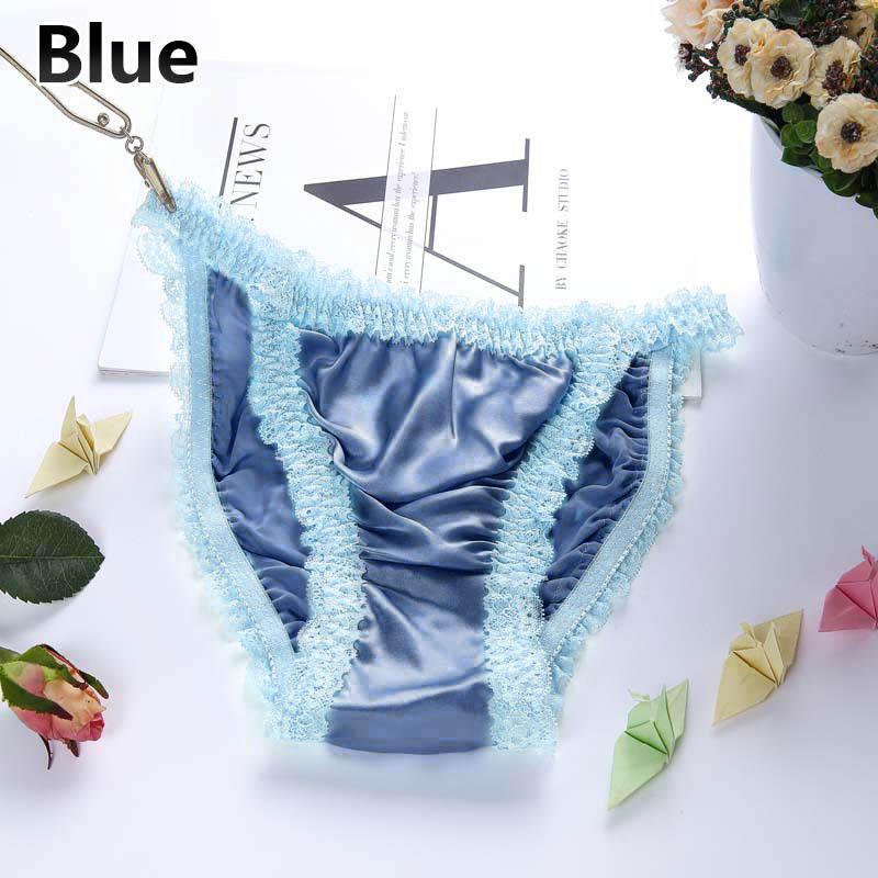 Damenunterwäsche aus weicher Seide, Satin, Seidenhöschen, Dessous, Spitzenhöschen, G-String, Sommer-Slip XL blau
