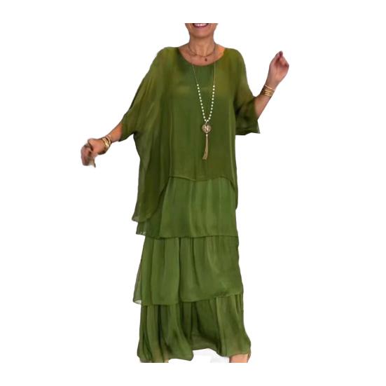 Abendkleid, mehrlagig, verstreuter Kuchensaum, Halbarm-Maxikleid, Fledermausärmel, weites Chiffonkleid mit Rundhalsausschnitt für Party und Abschlussball M dunkelgrüne
