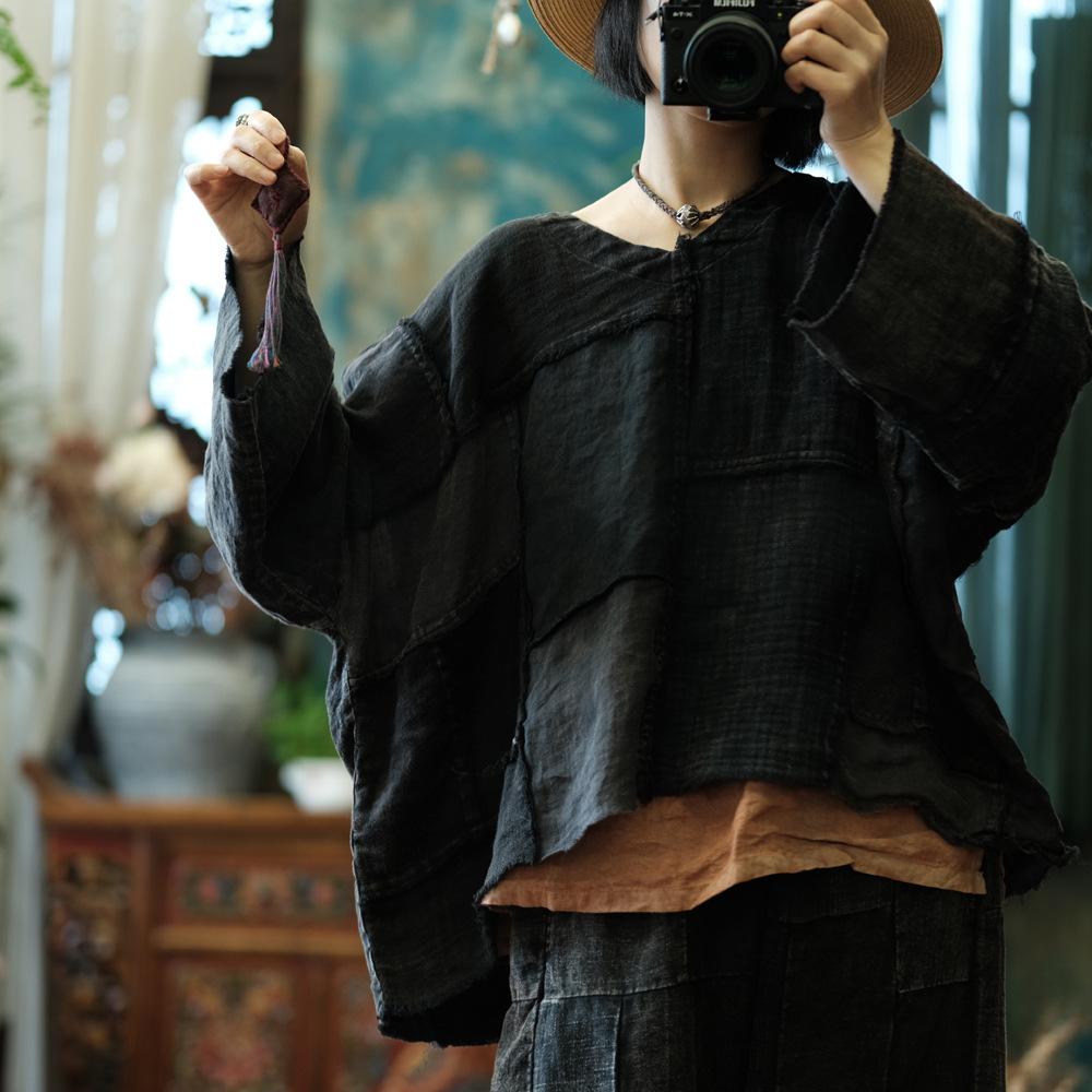 Johnature Damen Vintage Patchwork T-Shirts V-Ausschnitt Langarm Frühling Lockere Damen T-Shirts One Size schwarz