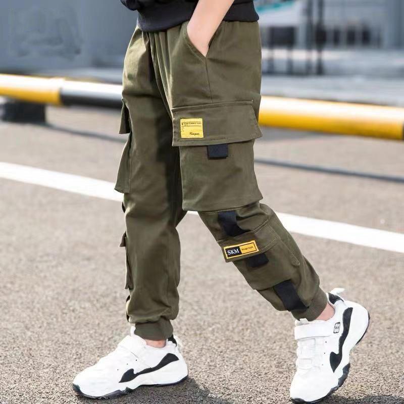 Jungen Cargo Hosen Solide Teen Kinder Multi-Tasche Casual Hosen Frühling Herbst Jungen Elastische Taille Hosen Streetwear Kinder der Kleidung 110 grün