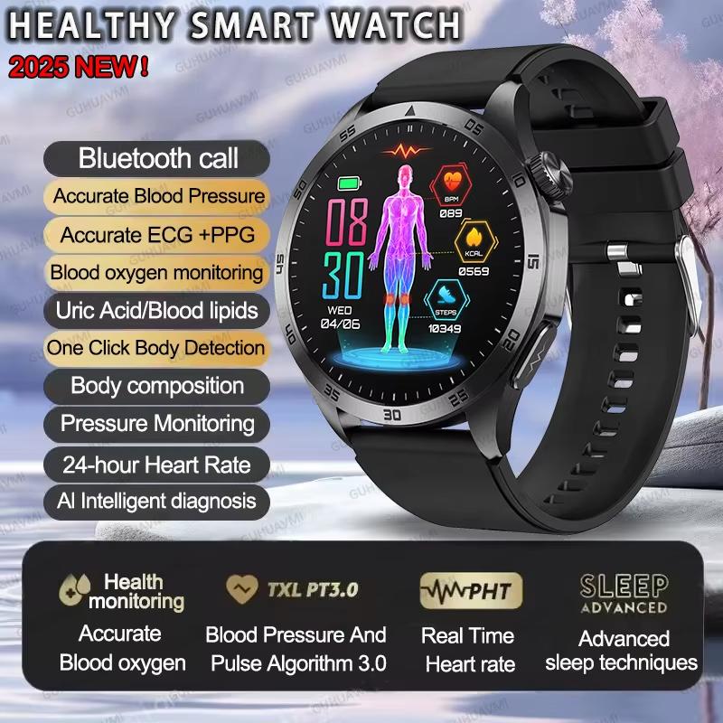 2025 Neue Mikro-Körperliche Untersuchung Blutfette Harnsäure Blutdruck Smartwatch EKG+PPG Uhr Bluetooth-Anruf Smartwatch Herren Silicone schwarz