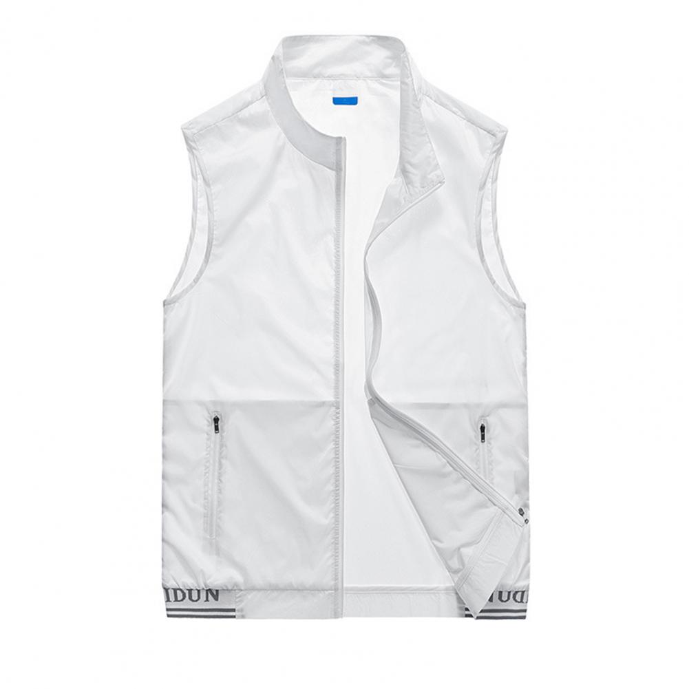 Sommerweste für Herren, Stehkragen, ärmellos, Reißverschlussleiste, Weste mit zwei Taschen, einfarbig, Mesh, Outdoor-Weste XL weiß