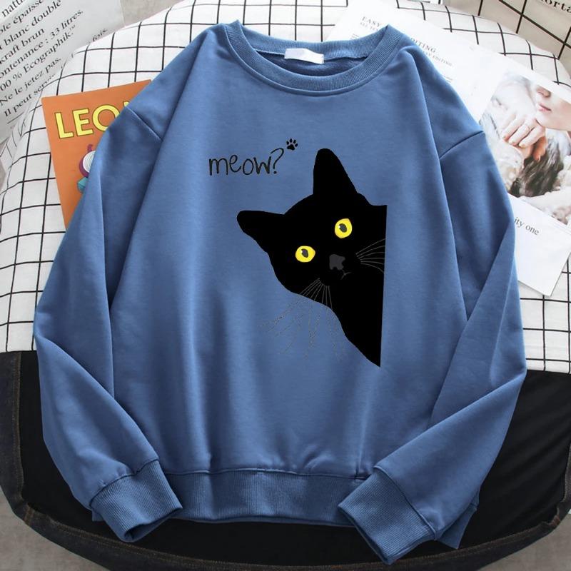 Winter Harajuku Sweatshirt Meow Black Cat Printing Hoodies Bequemer All-Math Pullover Rundhalsausschnitt Lose Damenkleidung Pullover & Langarm Herren XXL
