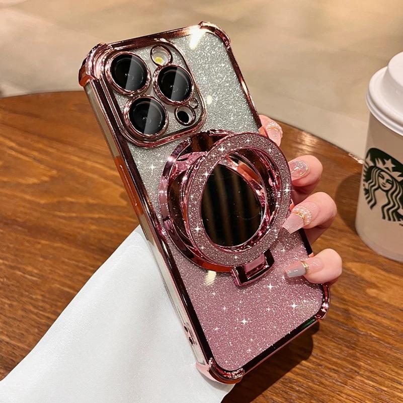 Verchromtes Airbag Glitzer Halterung Magsafe Case für iPhone 15 16 Pro Max 15 Plus Luxus Spiegel Hülle für iPhone 11 12 13 14 Pro Max for iPhone 13 Pro