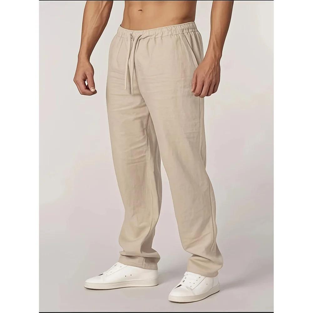 Herbst Neue Herren Baumwolle Leinen Hose Gerades Bein Leicht Atmungsaktiv Lässig Basic Stil Elastischer Bund Lange Hose M beige