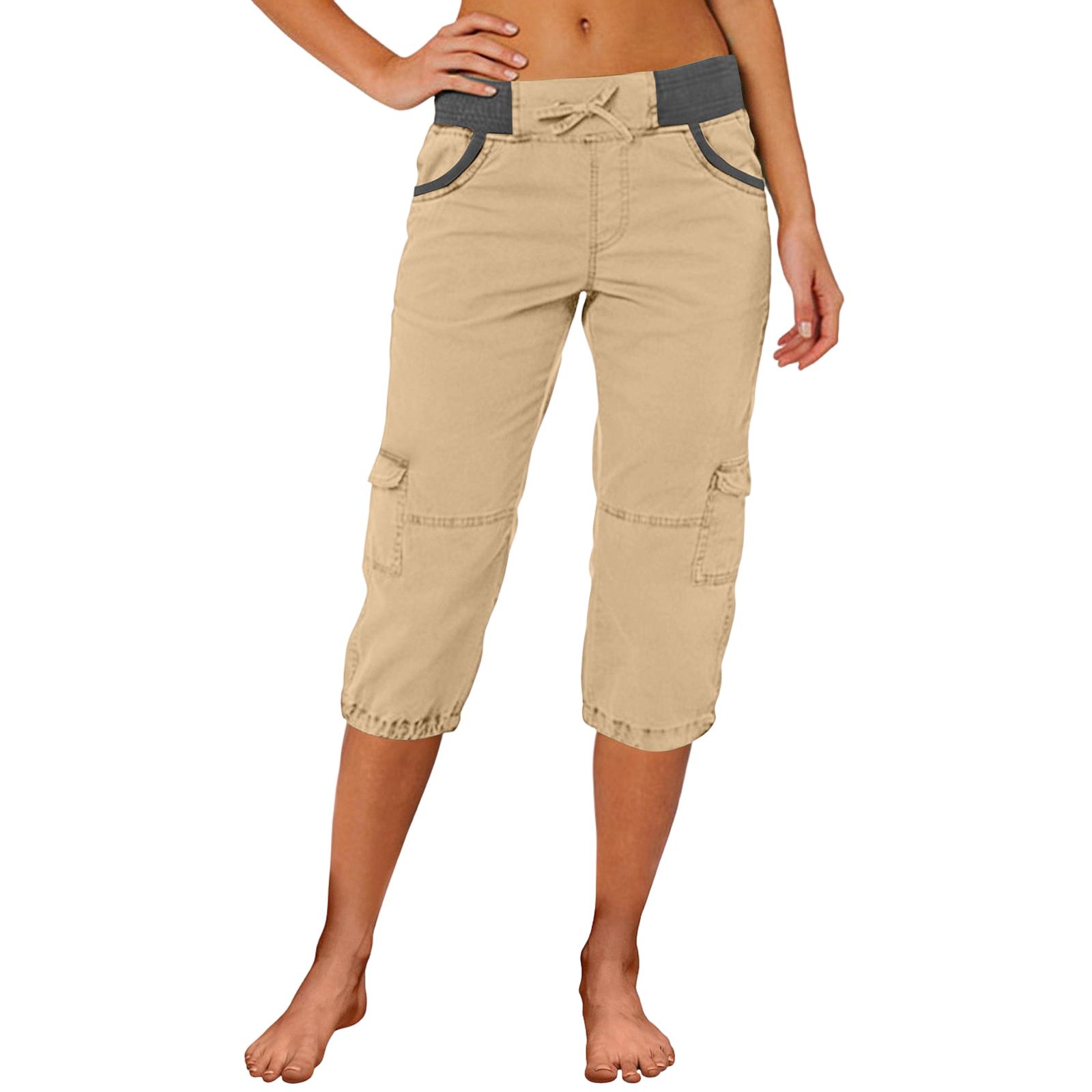 Damen Cargo Capri-Hose mit Kordelzug in der Taille, mehreren Taschen, lockerem Schnitt, lässiger entspannter Passform, verkürzte Hose für Outdoor und tägliches Tragen L khaki