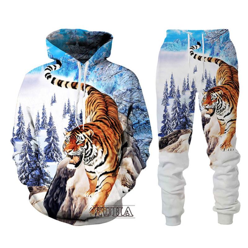 Schwarz und Weiß The Tiger 3D-gedrucktes Herren-Sweatshirt-Hoodies-Set Herren-Löwen-Trainingsanzug/Pullover/Hosen-Sportbekleidung Frühling Herbst 6XL