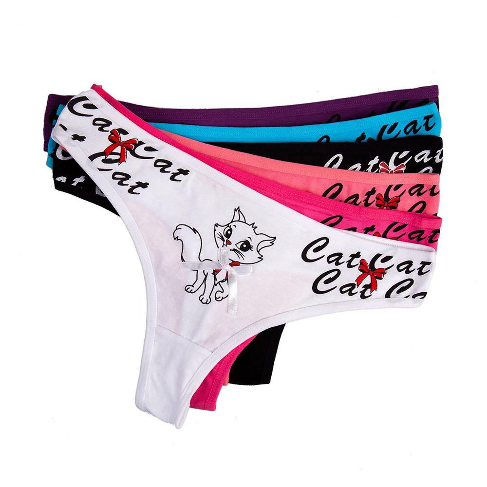 Sexy G-String Cartoon Kitty Print Tanga Kawaii Katze Mädchen Höschen Frauen Bikini T-back 6 Teile/satz M bunt