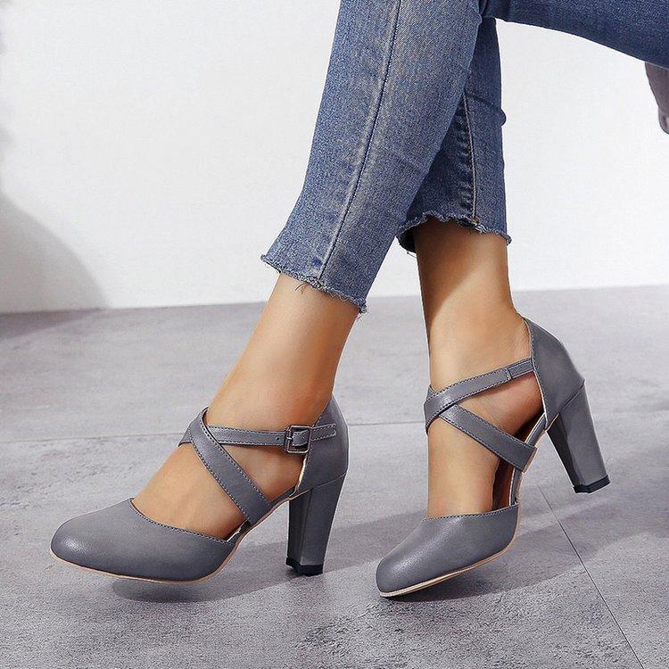 Sandalen, Damenschuhe mit runder Spitze und einem Knopf, Damenschuhe, dicke Absätze, High Heels 41 graue