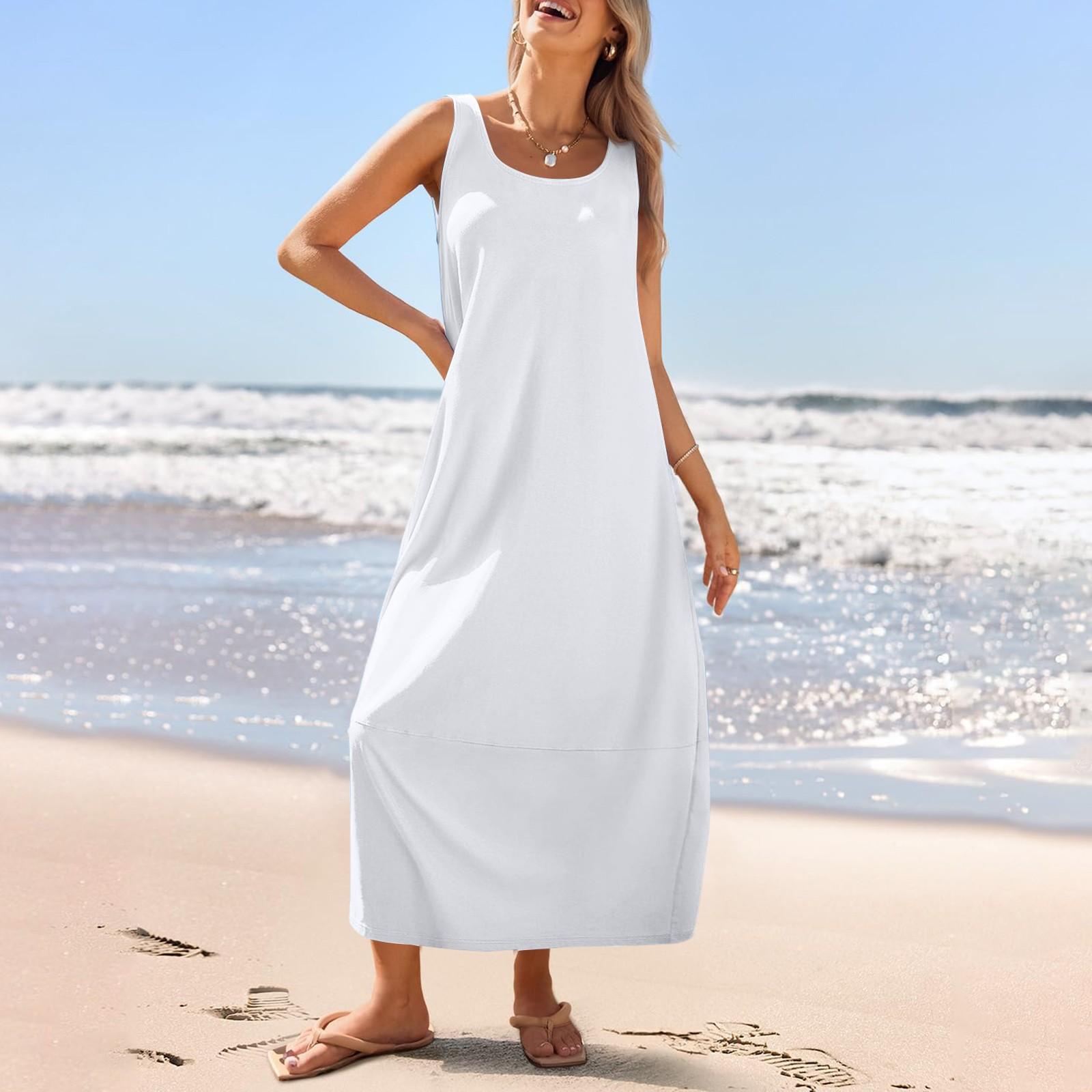 Lässiges langes Sommerkleid für Damen, Sommer-Strandkleid, Rundhalsausschnitt, ärmellos, lockeres Sommerkleid L white