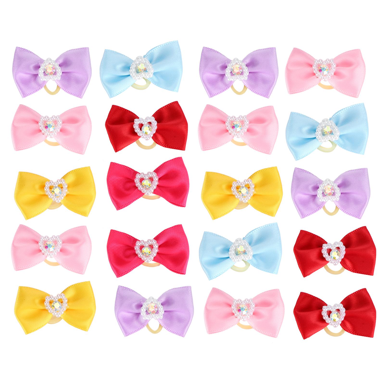 20 Stück Handgenähte Niedliche Haarschleifen für Haustiere Pflege Schleifen Liebreizende Schleife mit Gummibändern für Haustiere