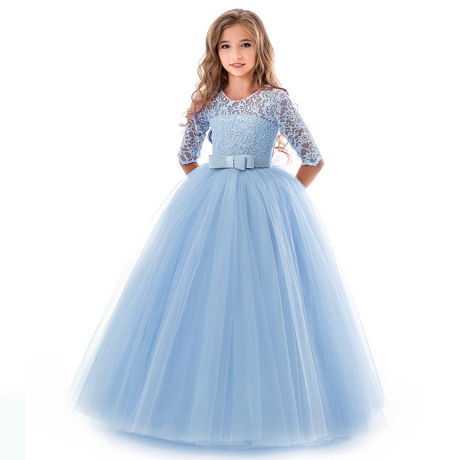 Kinder 3-14 Jahre Prinzessin Partykleid Spitze Lange Ärmel Atmungsaktiv Langer Rock Hochzeit Blumenmädchen Kleid Abend Tutu Kleider 130cm blau