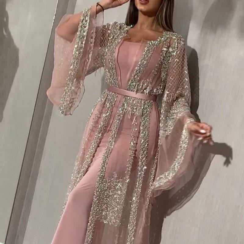 Damen Abendkleid Elegant Glänzend Bronzefarbenes Partykleid Set Mesh Strickjacke Langes Kleid Schal Geburtstag XS rosa