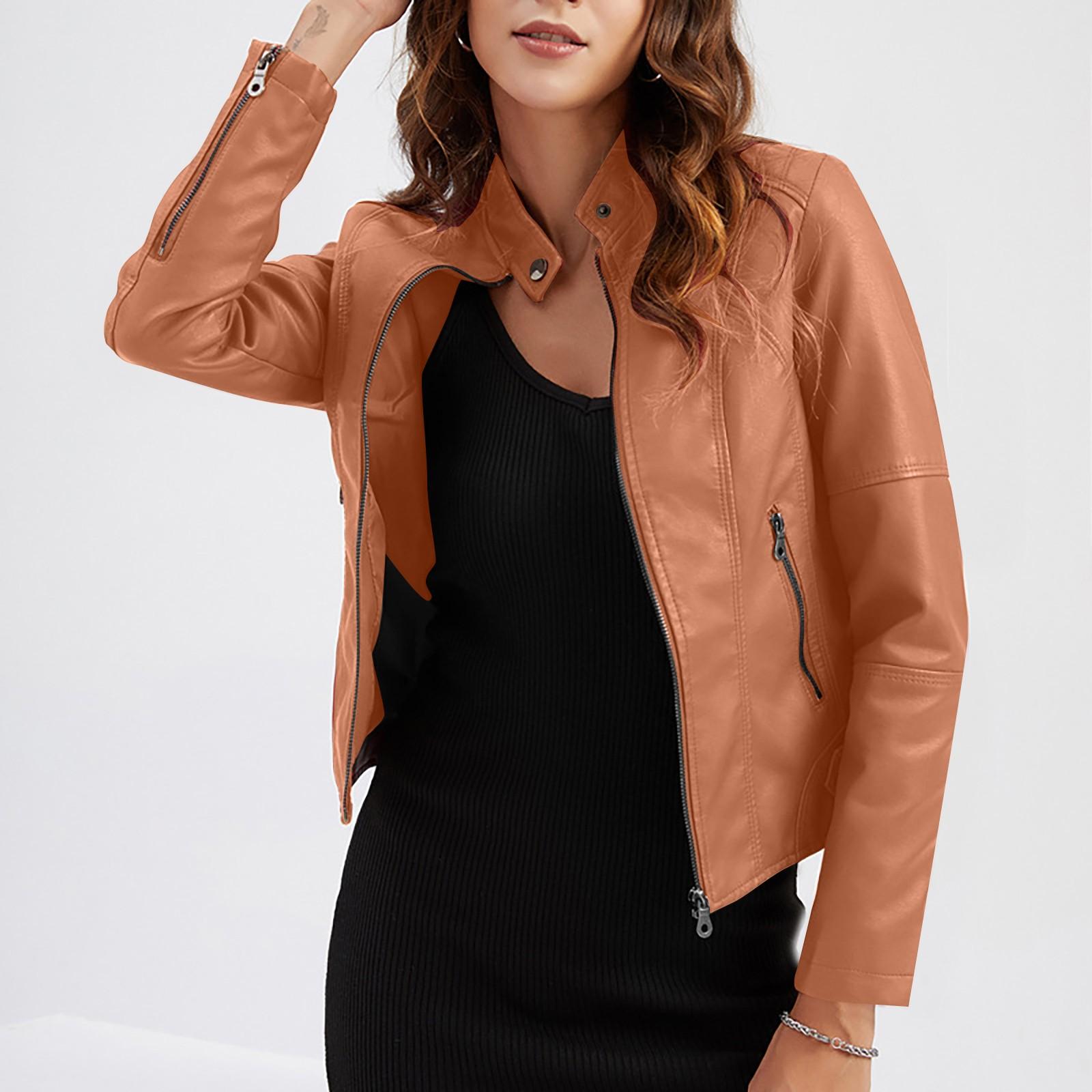 Damen Slim Fit Jacke Damen Motorradbekleidung, Stehkragen Lederjacke M orange