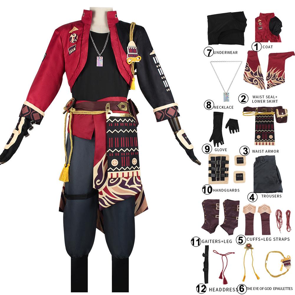 Anime Spiel Genshin Impact Thoma Cosplay Kostüme Outfits Rot Schwarz Spiel Rollenspiel Kostüm Perücke Halloween Party Uniform Kleidung XXL