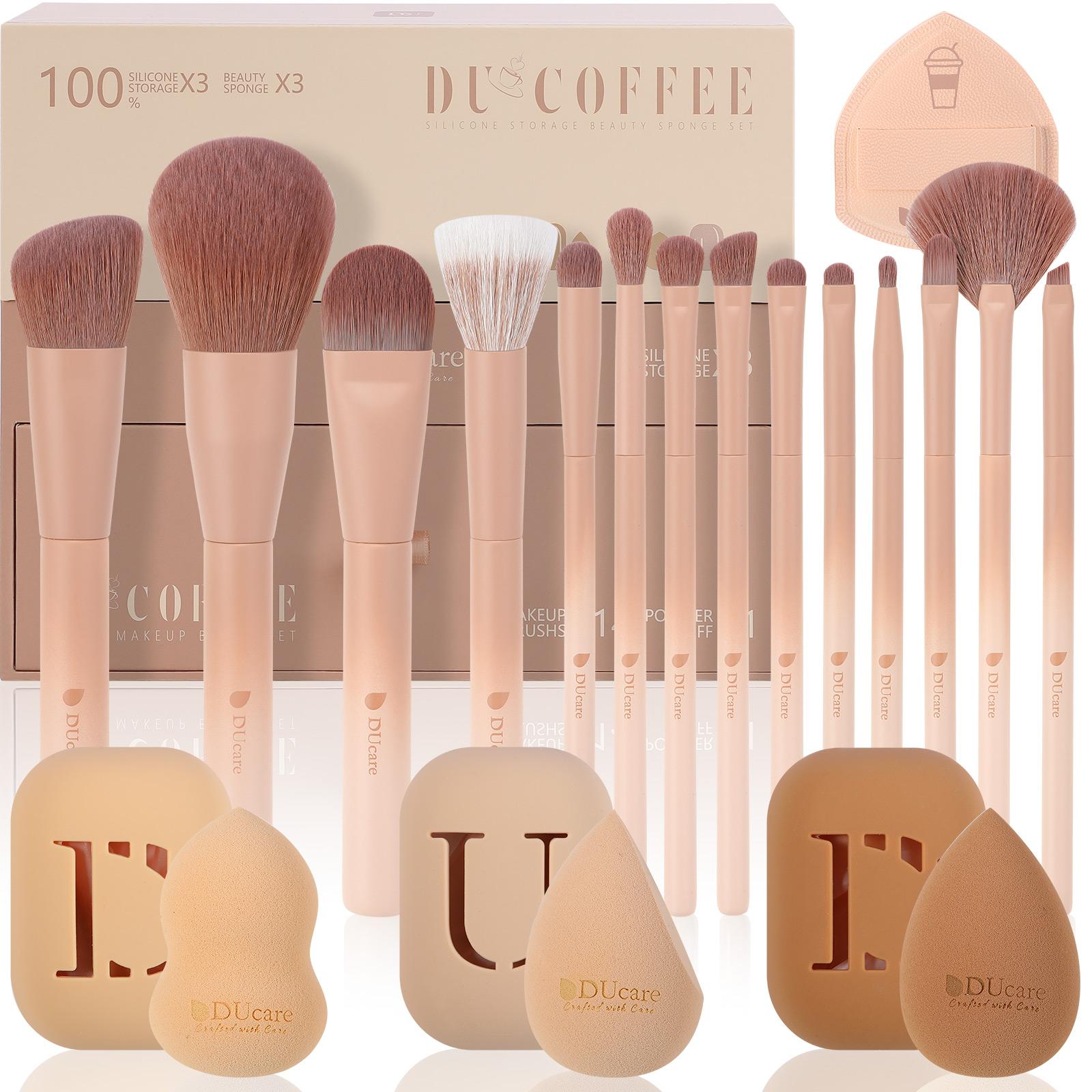 DUcare Make-up-Pinsel-Set, 14-teilig, mit Make-up-Schwamm und Puffschwamm, professionelles Gesichtspuder, Foundation, Lidschatten, Concealer, Pinsel-Set, Geschenkbox D1407 braun