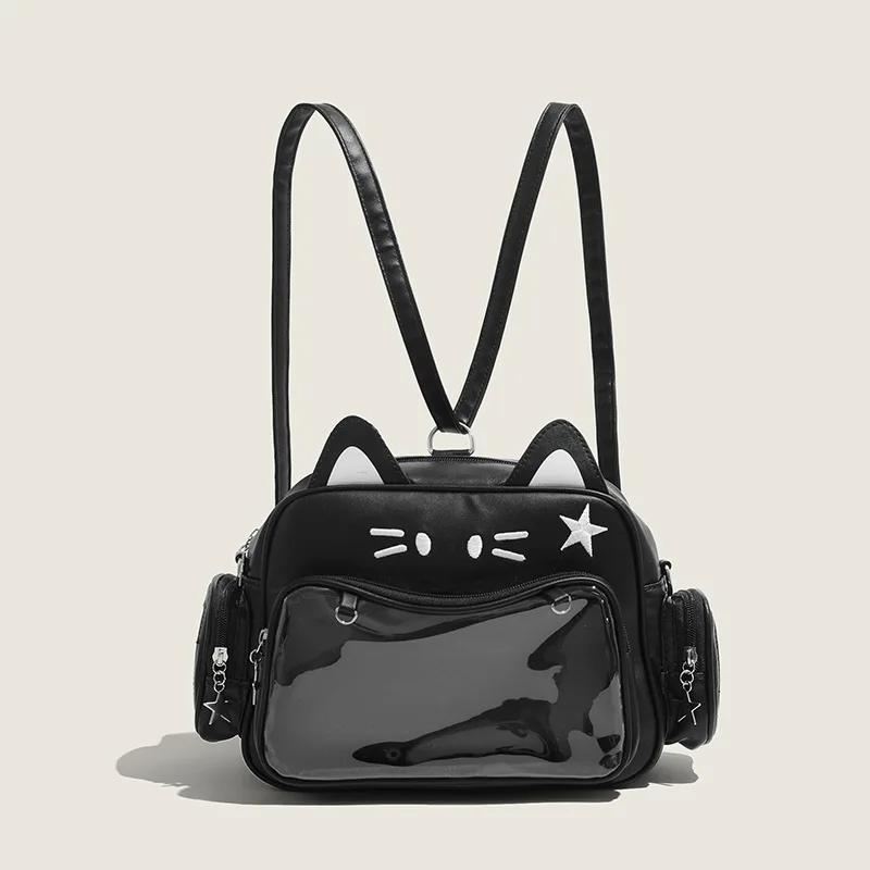 Damen Mode Rucksäcke Koreanisch Japan Kawaii Katze Ita Tasche PU Niedliche Mädchen Transparente Tasche Ästhetisch Schulter Umhängetaschen Free DIY Tie Board schwarz