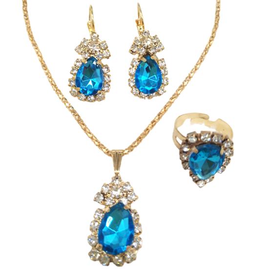 3 Teile/satz Ohr Clip Helle Farbe Legierung Halskette Ohrringe Ring Set Wasser Tropfen Strass Anhänger Halskette Ohrringe Ring Schmuck Zubehör hellblaue