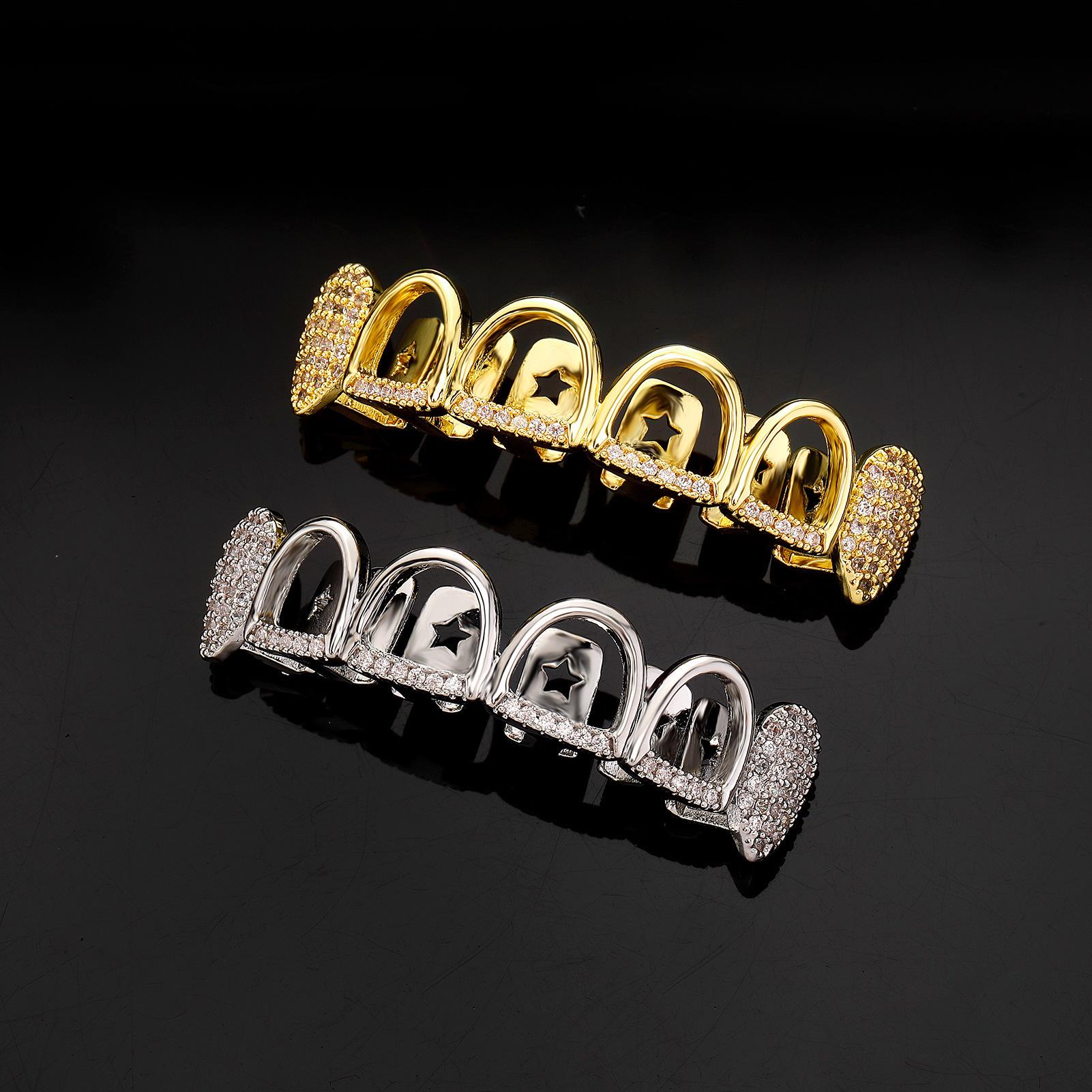 Europa & Amerika Hollow mit Diamanten besetzte Grillz: Gold- & Silbergalvanisierter Zahnschmuck Silver Lower Teeth