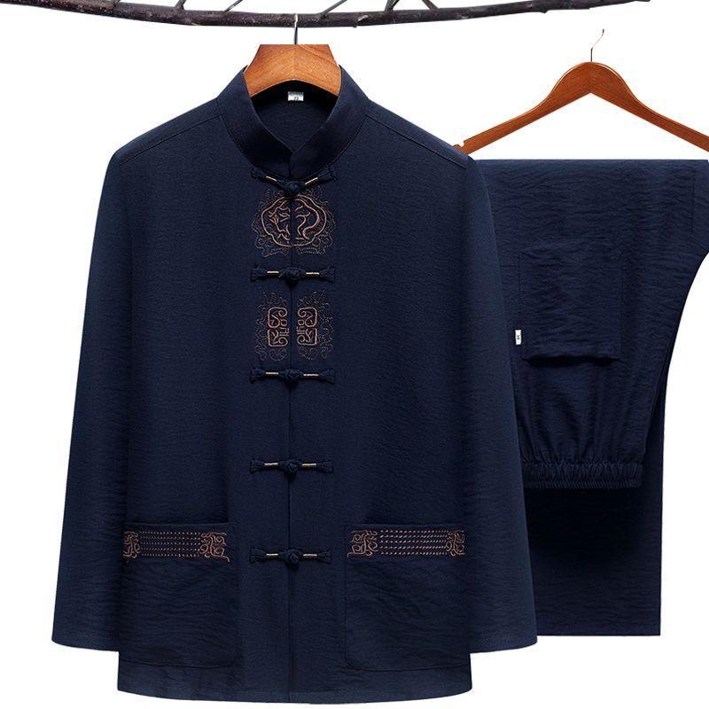 Übergröße Herren Kung Fu Anzug Stickerei Tang-Anzug Frühling Herbst 2-tlg. Hemd & Hose Traditionelle chinesische Tai Chi Kleidung 3XL 4XL 5XL XS dunkelblaue