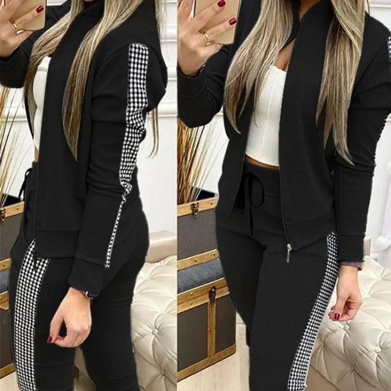 Damen Zweiteiler Outfits Herbst Damen Trainingsanzug Reißverschluss Oberteil Hose Casual Sportanzug Winter 2-teiliges Damen Set M schwarz