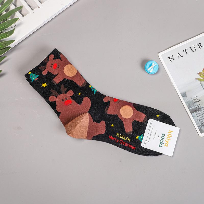Herbst und Winter Warme Weihnachtssocken Schneemann Elch Lebkuchen Niedliche Cartoon Weihnachtsmann Mittelkalbsocken One size schwarz