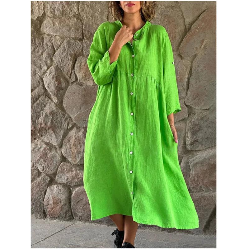 Modische Kleider für Damen mit langen Ärmeln, Knopfleiste, legere Kleider, einfarbig, elegante Kleider, lockeres Maxikleid, Übergröße XS-5XL 5XL grün