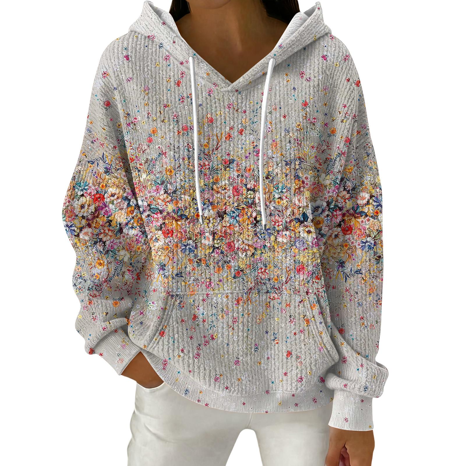 Damenmode Lässig Floral Bedruckter Pullover Langarm Kapuzensweatshirt S khaki