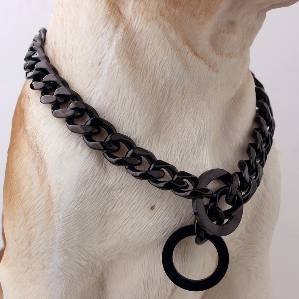 15 mm Hundehalsband aus Edelstahl mit Goldkette, luxuriöse kubanische Gliederkette, langlebige Trainings-P-Kette für große Hunde, Dobermann, Pitbull, Rottweiler 26inch (66cm) -15MM schwarz