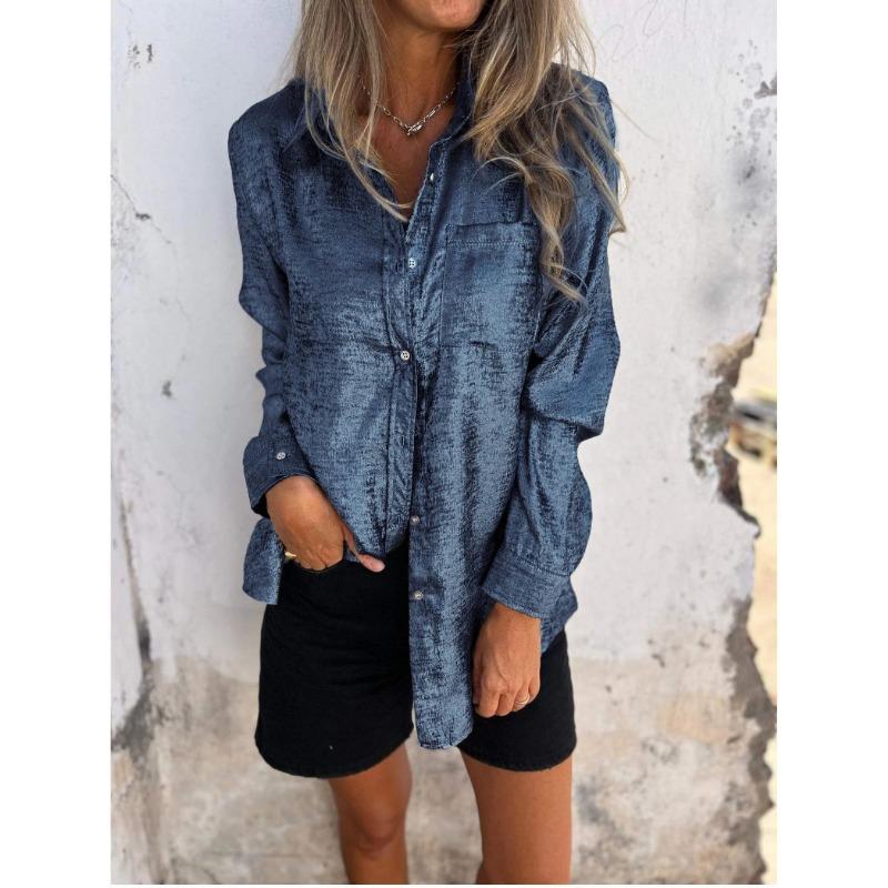 Damen Blusen Mode Einfarbig Langarm Casual Samt Kragen Hemd Top Herbst Blusen & Hemden L blau