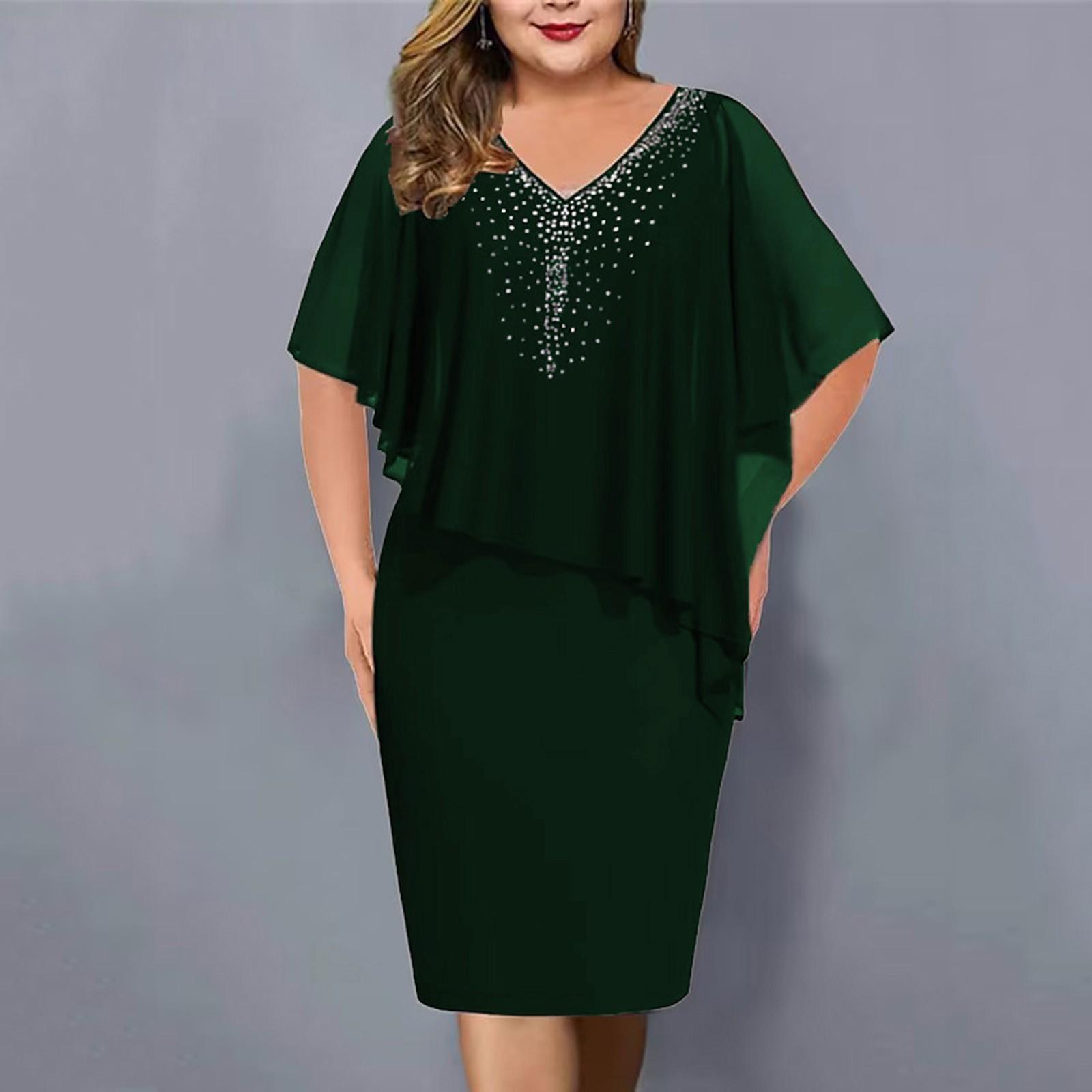 Damen Übergröße Kleid Kurzarm V-Ausschnitt Chiffon Strass Midi-Kleid XXL grün