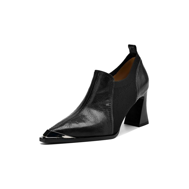 Mode Neue Frühling Echtleder Schuhe für Damen Mode Metall Spitze Damen Pumps Schuhe Klobige Absätze Slipper High Heels 37 schwarz
