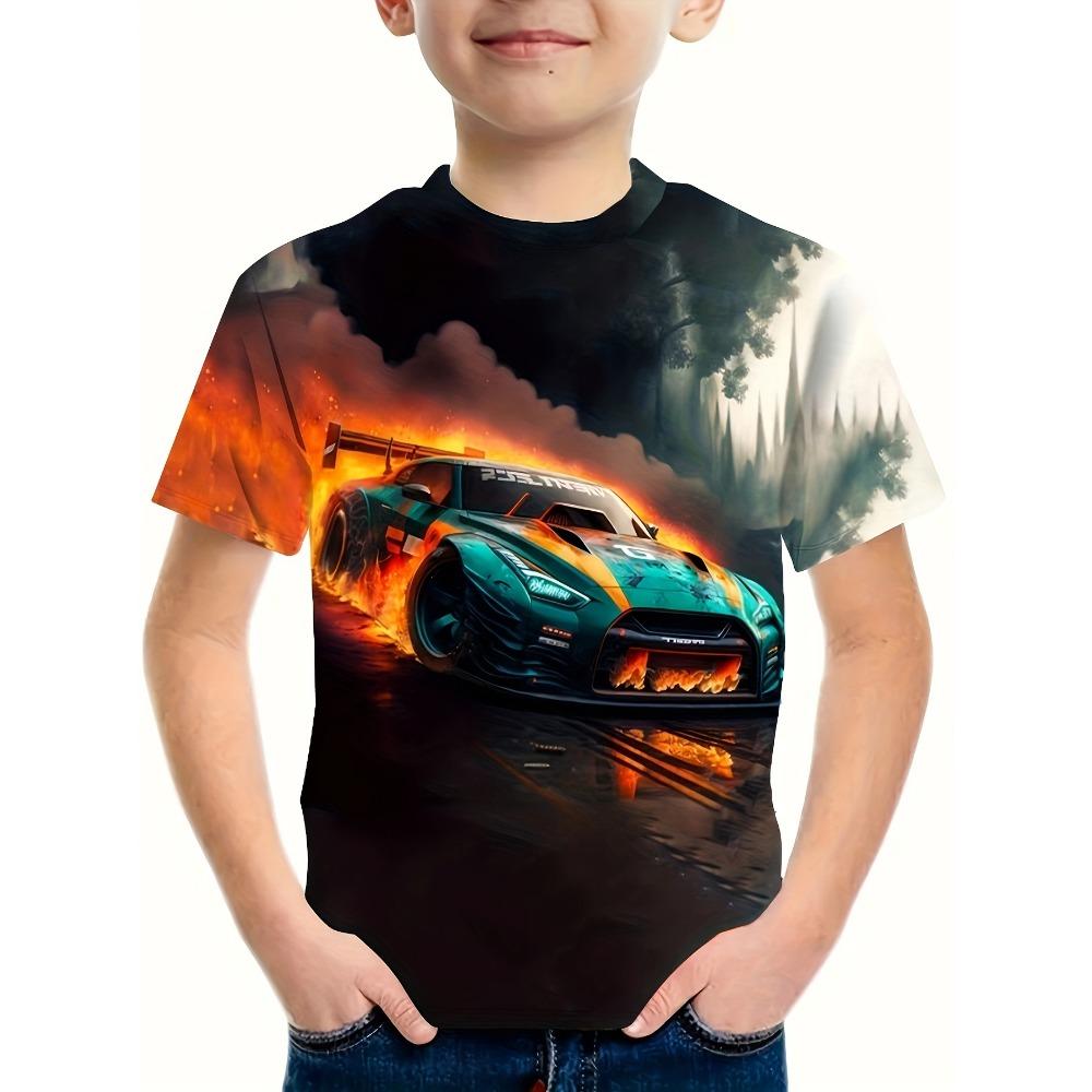 Kinderkleidung Mädchen T-Shirt Kurzarm Stylisch Auto Rennsport Grafik T-Shirts Kinder Sommerkleidung Lässig Streetwear Jungenkleidung Oberteil 120