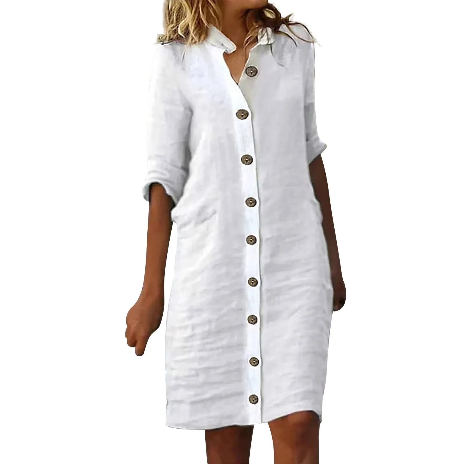 Sommer Baumwolle Leinen Hemd Kleid Frauen Taste Halbe Hülse Casual Mini Kleider Frauen Elegante Lose Strand Party Kleider Vestidos XXL beige
