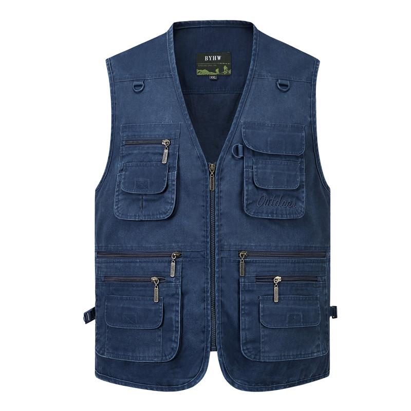 L-6XL Große Größe Neue Männer Multi Pocket Baumwolle Weste Casual mit Viele 14 Taschen Ärmellose Jacken Männlichen Outdoor Foto Weste 5XL blau