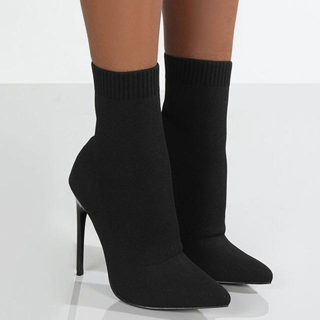 Frauen Stiefel Kurze High Heels Schuhe Für Frauen Herbst Winter Botas Mujer Gestrickte Stiefeletten Schwarze Socke Frauen Heels Stiefel weibliche 36