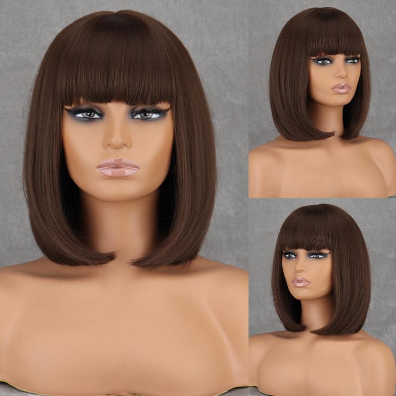 LISI HAIR Damenmode schulterlange braune gerade Bob-Perücke mit Pony Kunstfaser natürliche Farbe Alltagskleidung Bob-Perücke