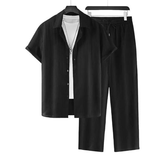 2-teiliges/Set Herren Freizeitoutfit Revers Kurzarm Einreiherhemd Elastische Taille XL schwarz