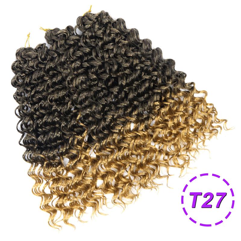 Welliges Strähnen Häkelzopf Haar 10 14 18 Zoll Synthetik Ombre Wellige Locken Afro Locken Haar für Frauen Niedrige Temperatur Deep Wave (as the picture,10 inches(25.40cm))