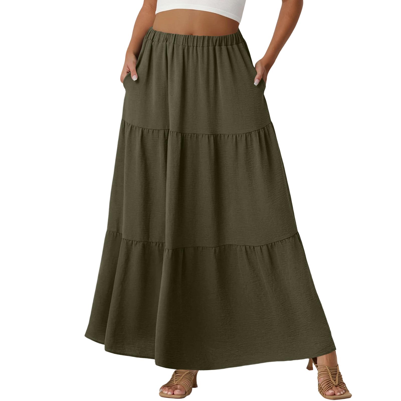 Damen Casual High Waist Kordelzug A-Linien Rock Farbiger Rock Mit Taschen S