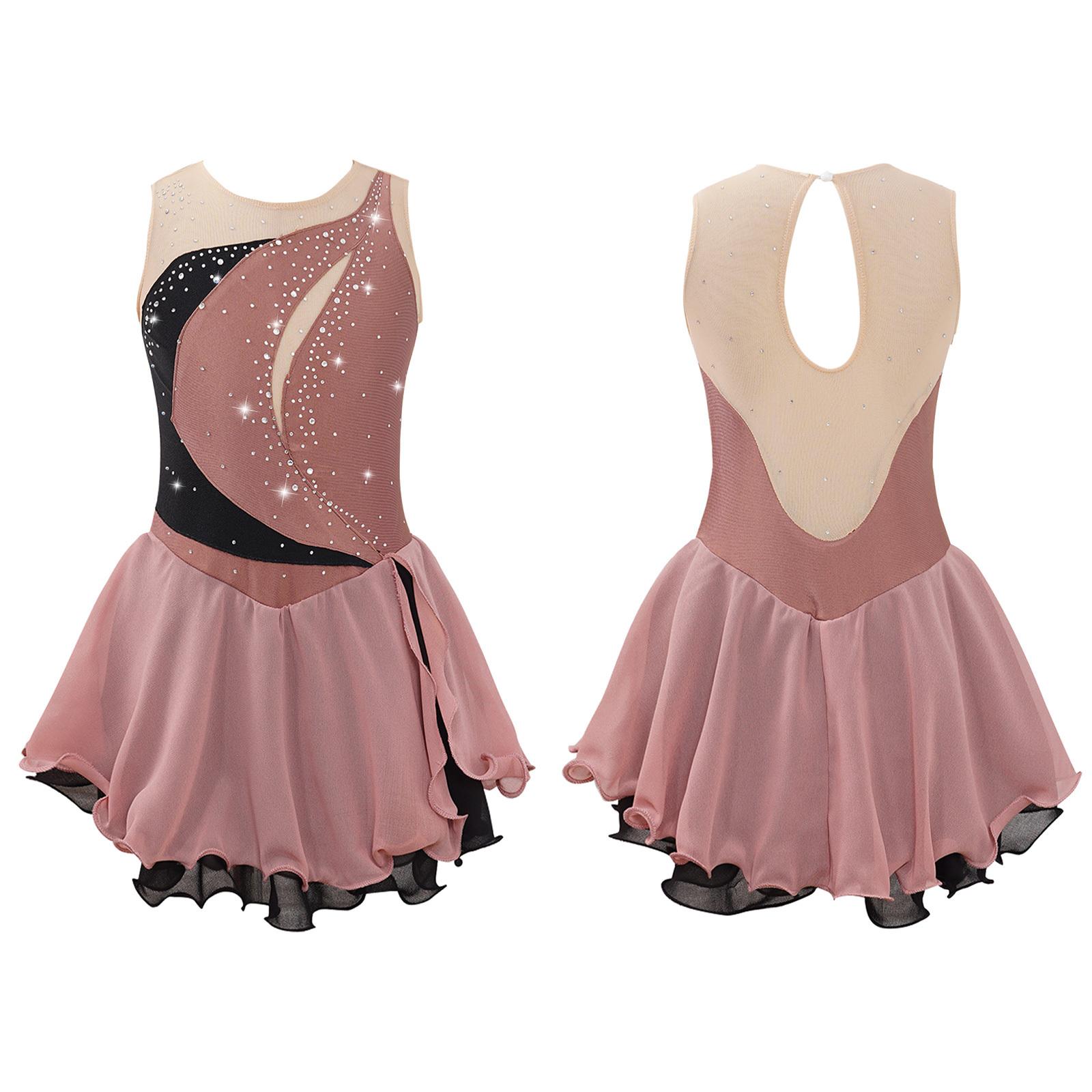 Kinder Mädchen Eiskunstlauf Kleid ärmellos Strass Wettbewerb Kostüme Ballett Tanz Tutu Rock 7-8 Years kaffeebraun